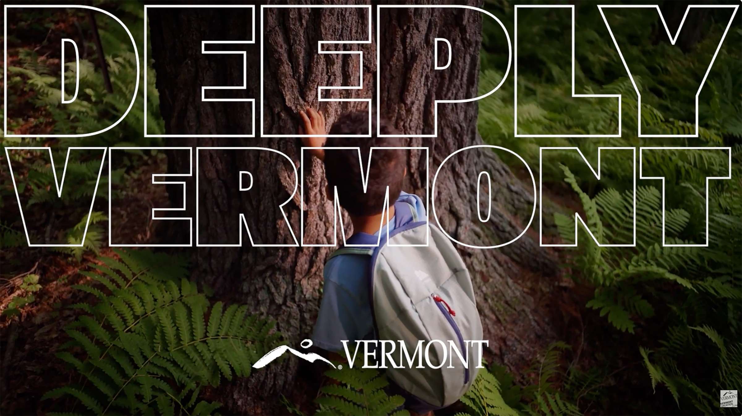 The words Deeply Vermont over the image of a boy touching a tree