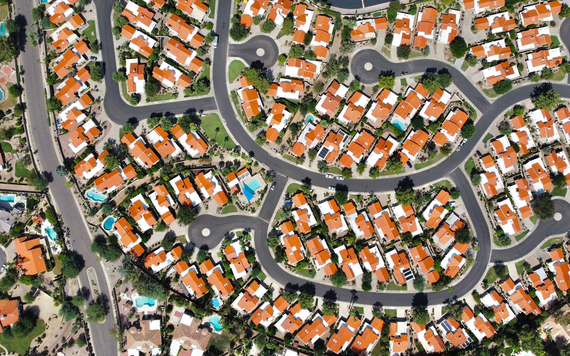 An aerial view of a suburban neighborhood in Arizona