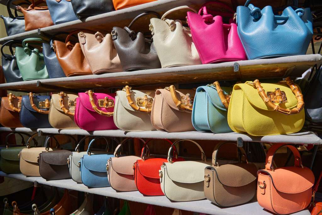 Close up of colorful Italian leather handbags