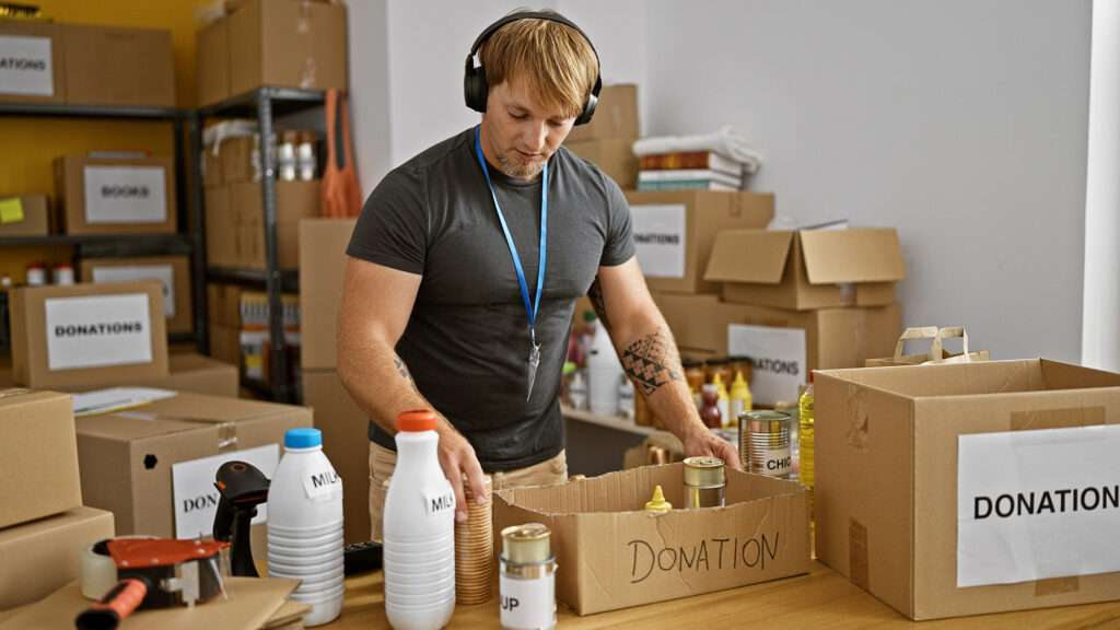 volunteer organizes donations